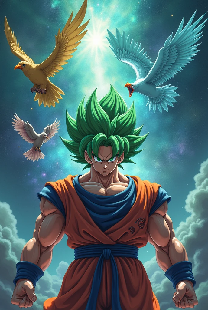 Create a picture of the character Broly from dragonball, he is said to have green hair.the character should look real. The background is supposed to be a universe with planets and the legendary birds Zaptos, aktos and lavados from pokemon, these should be in anime style. The image should have a calming and mysterious effect