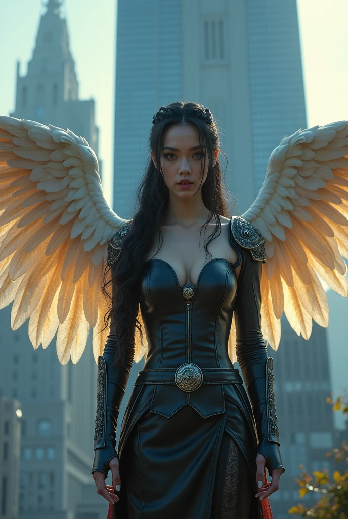 Her hair is black. Her hair is long, tied in a simple braid.
Her eyes are an intense blue, but with a silvery sheen.
Her skin is pale.
Wings combine the gold and white, as well as the twilight.
She stands in front of a skyscraper in leather armor.