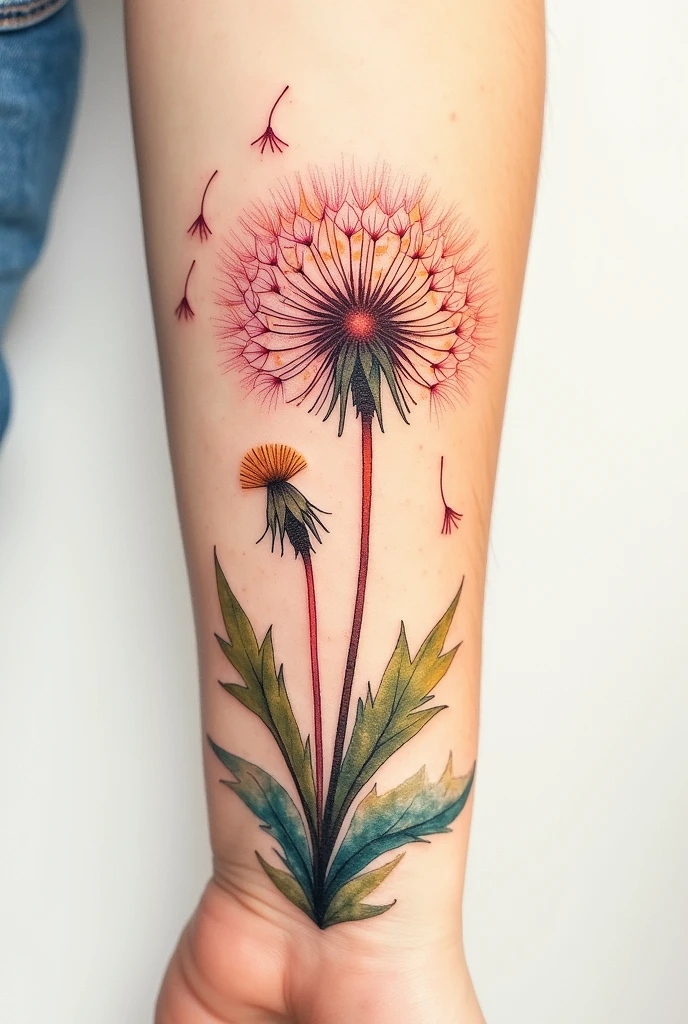 A dandelion flower tattoo, with fine and realistic details, starting on the wrist. Some petals of the flower are delicately detached, floating away as if carried by the wind towards the hand. The entire composition is rendered in a watercolor style, with bright and shaded colors. The colors should be bright. The design should symbolize the deep bond between father and daughter.