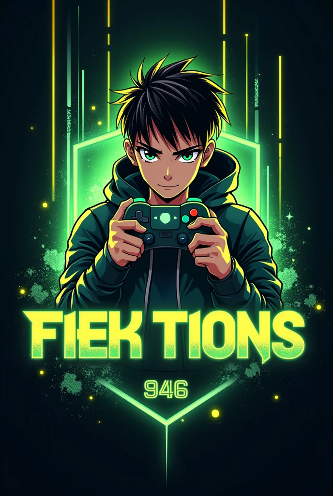 This is a gaming logo that features the name "@fightingfier946" in a futuristic font and a neon Golden green. and Boy Anime avtar, The logo also has a stylized controller icon. The logo is designed to be attractive and eye-catching, and to appeal to gaming enthusiasts and