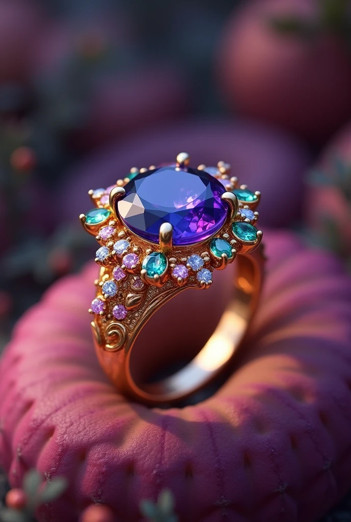 To create a picture of the engagement ring:
Band: Imagine a gold band with a slightly twisted, vine-like design. It should have a delicate, organic yet elegant feel, as if it were crafted from nature’s whimsy.
Center Gemstone: The central stone is a deep violet sapphire or a mesmerizing sapphire. It should have a rich, vibrant color that catches and reflects light in a captivating way.
Accent Stones: Surrounding the central gemstone are small, colorful gems like diamonds, emeralds, or pastel sapphires. They should be arranged in a playful, scattered pattern around the main stone.
Overall Style: The ring should look like a piece of fantasy, combining elegance with an element of playful magic. The colors and design should evoke a sense of wonder, fitting for Willy Wonka’s unique style.
