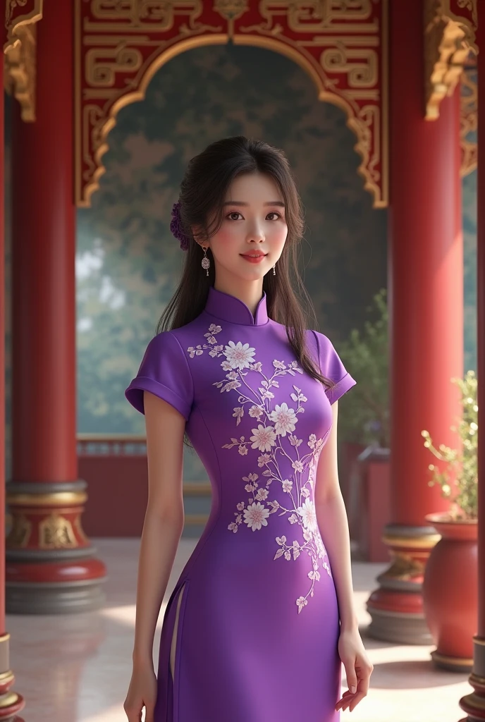 A pretty and lovely woman wearing a bright purple cheongsam with white floral patterns and short sleeves, in a palace background.