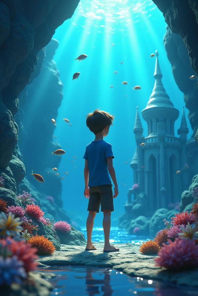 3d animation Disney inspired wearing blue t-shirt found a secret world under the deep ocean where beautiful city located and fish were around