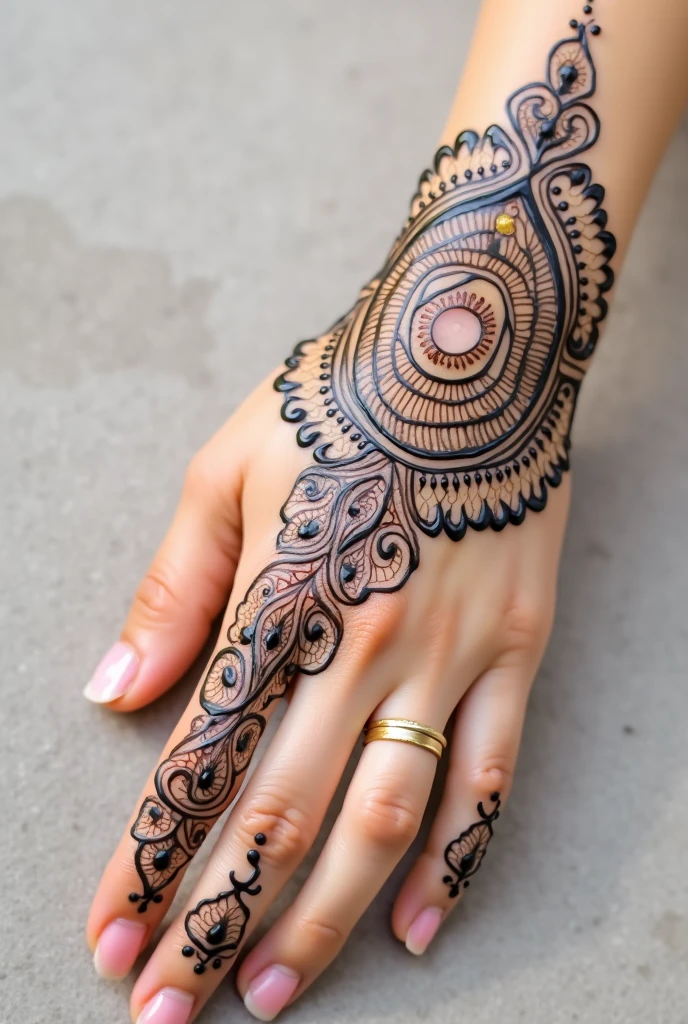 generate Gol Tikki mehndi design on beautiful hand