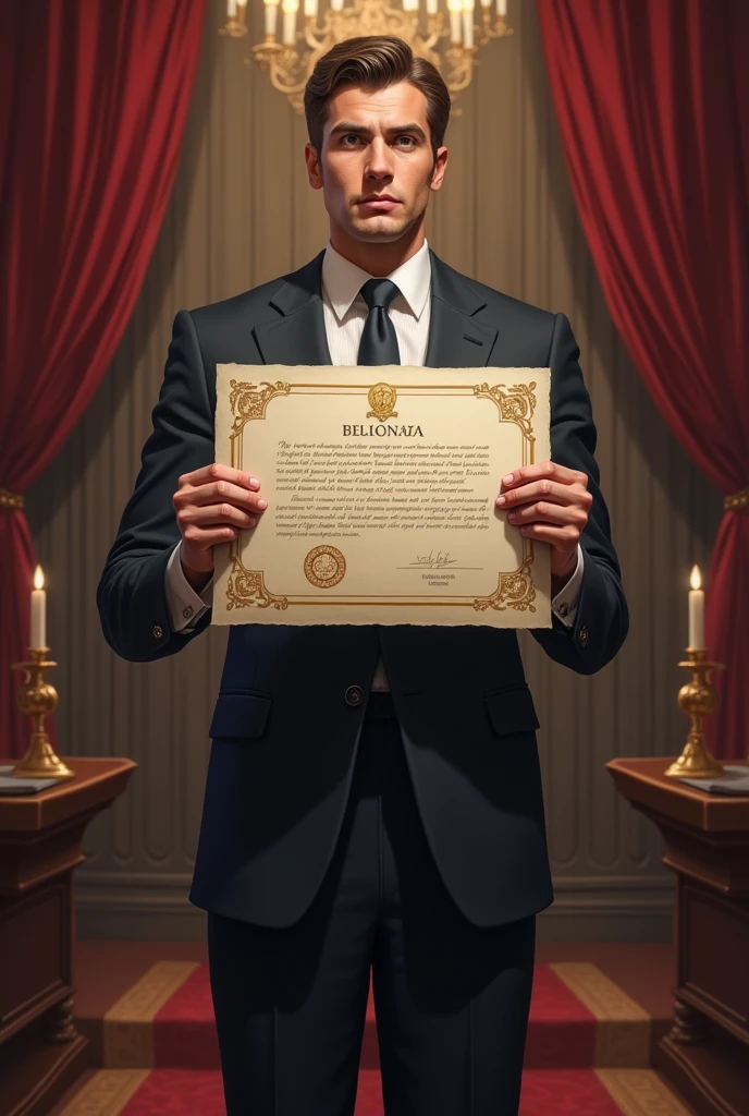 Drawing of two A person showing a document that proves his status as representative, with a title in the other hand.