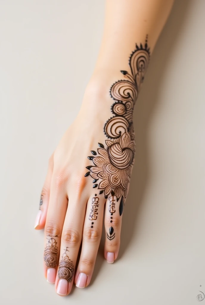 generate modern and simple Arabic mehndi design on beautiful hand
