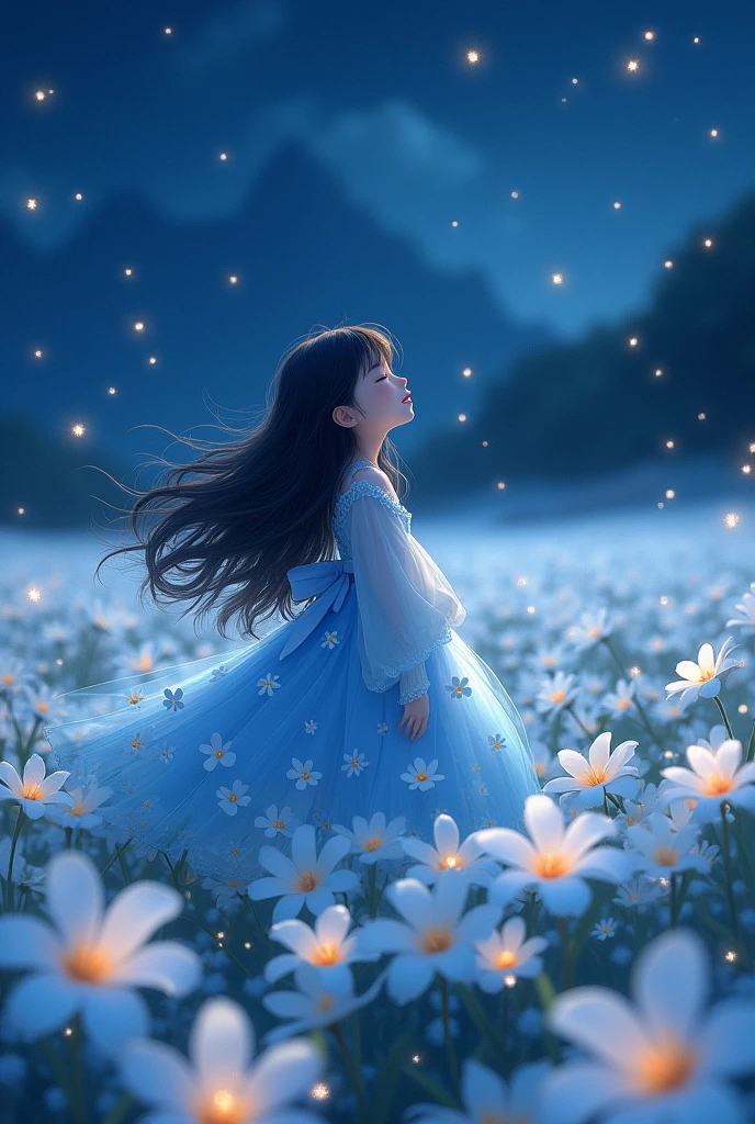 girl standing looking back in the middle of white plumeria field during the night, fireflies, pretty anime, long black wavy hair, here blue dress made out of flowers, looking up, light smile, close eyes