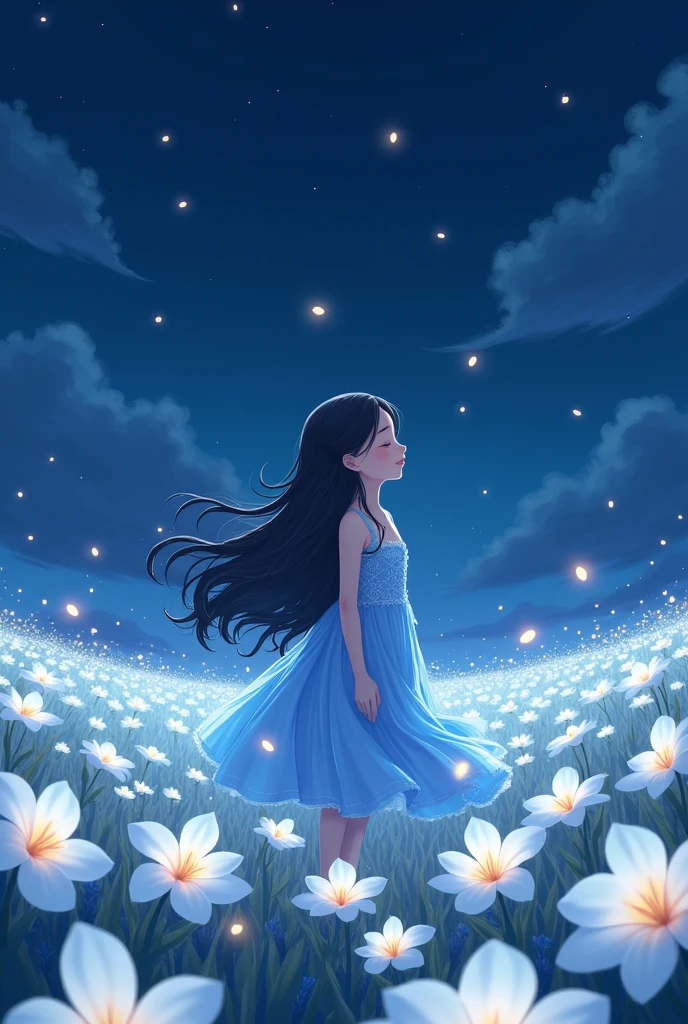 girl standing looking back in the middle of white plumeria field during the night, fireflies, pretty anime, long black wavy hair, here blue dress made out of flowers, looking up, light smile, close eyes