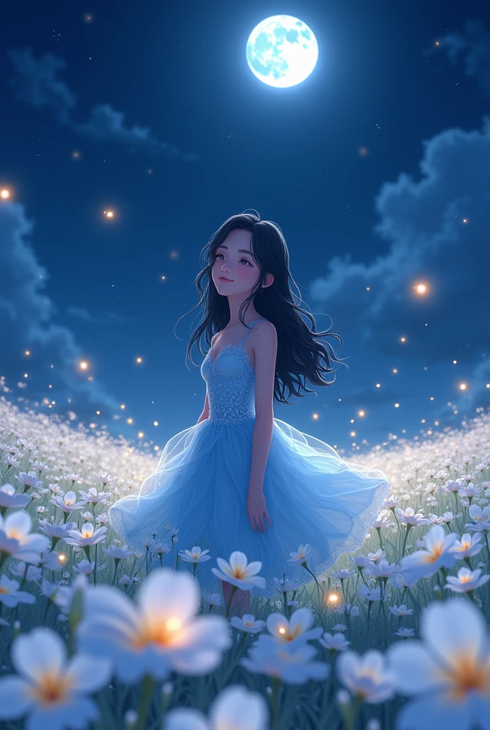 girl standing looking back in the middle of white plumeria field during the night, fireflies, pretty anime, long black wavy hair, here blue dress made out of flowers, looking up, light smile, close eyes
