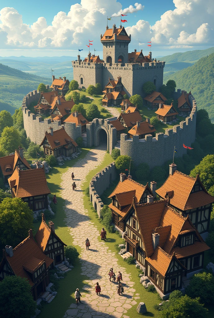 Medium size Medieval fantasy town, a wall around it, a fort in the middle