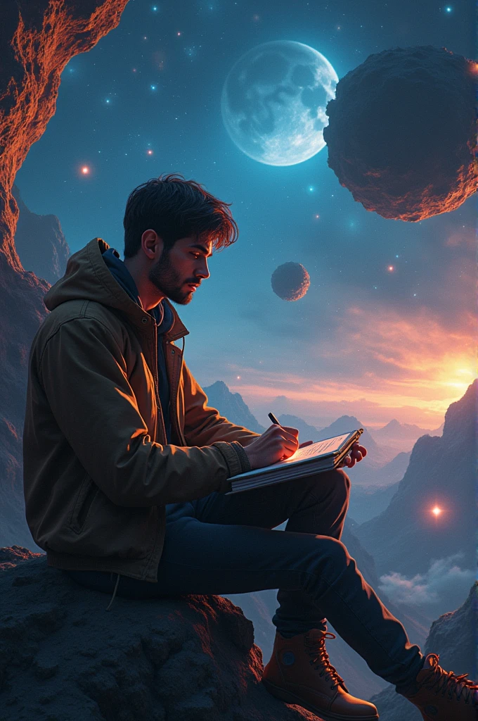 Draw a young programmer, sitting on a research platform floating in the middle of an asteroid belt. He is studying with a notebook, surrounded by several asteroids glowing with fiery auras. Dramatic lighting from distant stars and planets illuminates the scene, casting deep shadows on the suit. The young man looks confident and determined, looking at the vast and mysterious universe with wonder and respect,facial hair, cowboy shot,