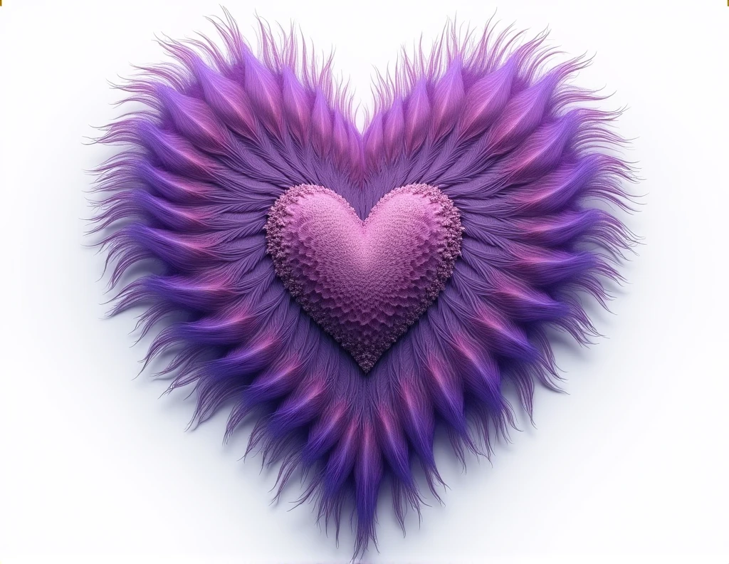 heart shape filled with peacock feathers mandala style, purple spectrum, background white