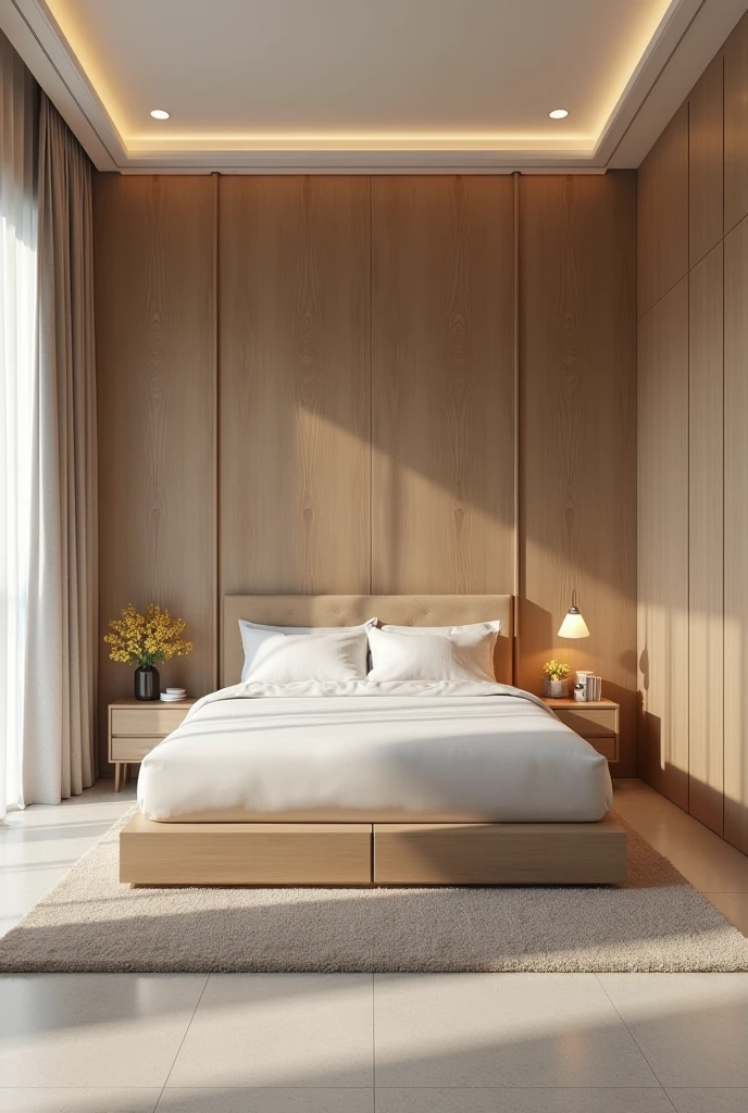 Modern youth room ,box bed s, super realistic render vray, minimalist washer ,wide perspective  , lateral view , matte floor , natural freijo wood headboard panel , luxury, Cinematic Soft Vray, high quality rendering, render vray, Smooth, studio-quality rendering, vray 8k rendering, very realistic 3D rendering, render in vray, very realistic render