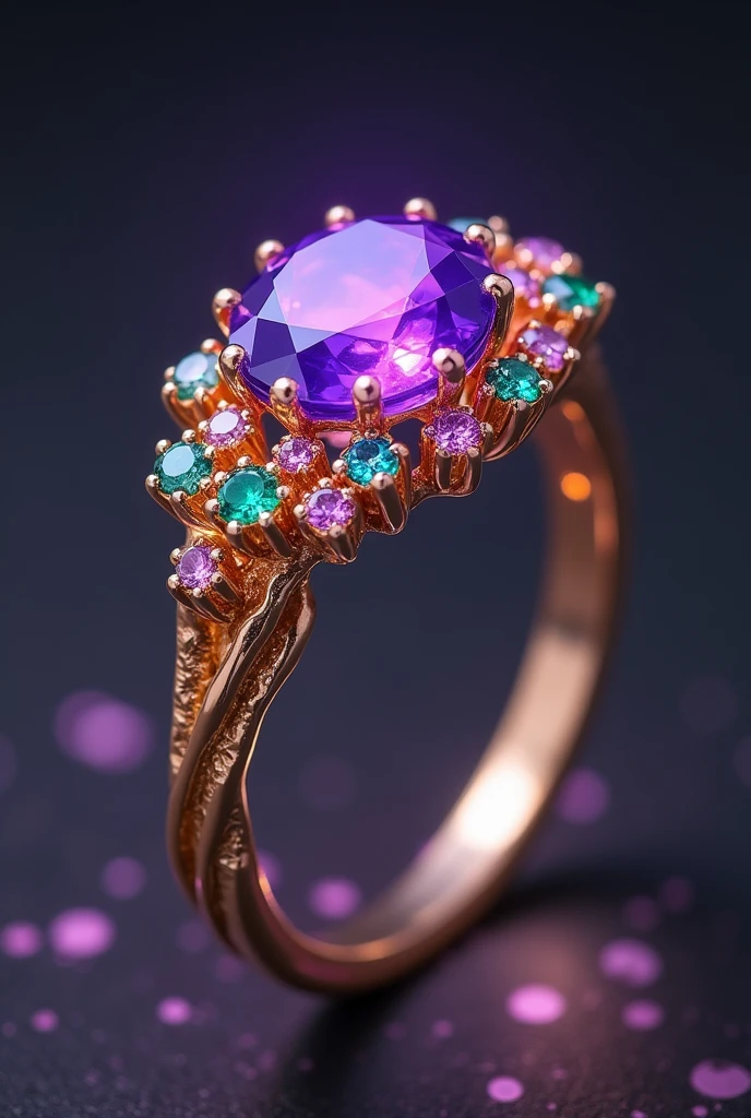 To create a picture of the engagement ring:
Band: Imagine a thin gold band with a slightly twisted, vine-like design. It should have a delicate, organic yet elegant feel, as if it were crafted from nature’s whimsy.
Center Gemstone: The central stone is a deep violet sapphire or a mesmerizing sapphire. It should have a rich, vibrant color that catches and reflects light in a captivating way.
Accent Stones: Surrounding the central gemstone are small, colorful gems like diamonds, emeralds, or pastel sapphires. They should be arranged in a playful, scattered pattern around the main stone.
Overall Style: The ring should look like a piece of fantasy, combining elegance with an element of playful magic. The colors and design should evoke a sense of wonder, fitting for Willy Wonka’s unique style.
