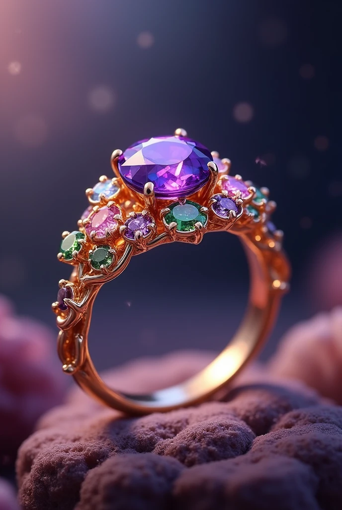 To create a picture of the engagement ring:

Band: Imagine a thin gold band with a slightly twisted, vine-like design. It should have a delicate, organic yet elegant feel, as if it were crafted from nature’s whimsy.

Center Gemstone: The central stone is a deep violet sapphire or a mesmerizing sapphire. It should have a rich, vibrant color that catches and reflects light in a captivating way.

Accent Stones: Surrounding the central gemstone are small, colorful gems like diamonds, emeralds, or pastel sapphires. They should be arranged in a playful, scattered pattern around the main stone.

Overall Style: The ring should look like a piece of fantasy, combining elegance with an element of playful magic. The colors and design should evoke a sense of wonder, fitting for Willy Wonka’s unique style.