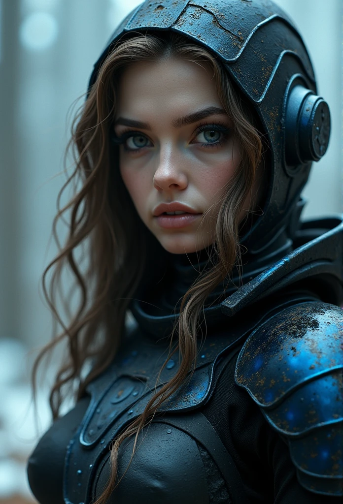 grandes olhos negros, Aura, long wavy light brown hair, Black and blue science fiction armor, science fiction style, high qualiy, atmosphere, karo