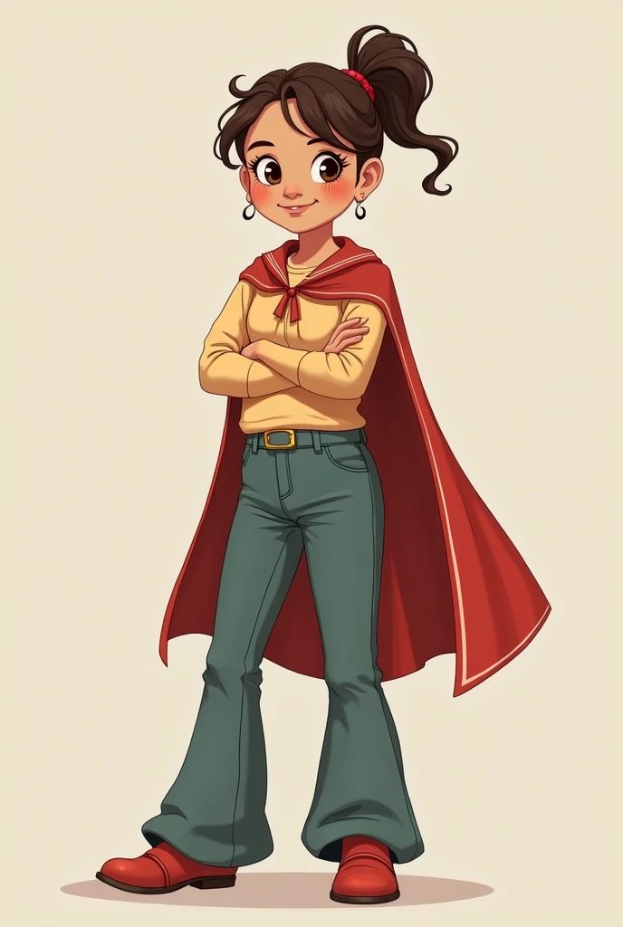 A preppy kid costume for girls aged 6 year that includes boot cut flared pants with a cape reaching waist.