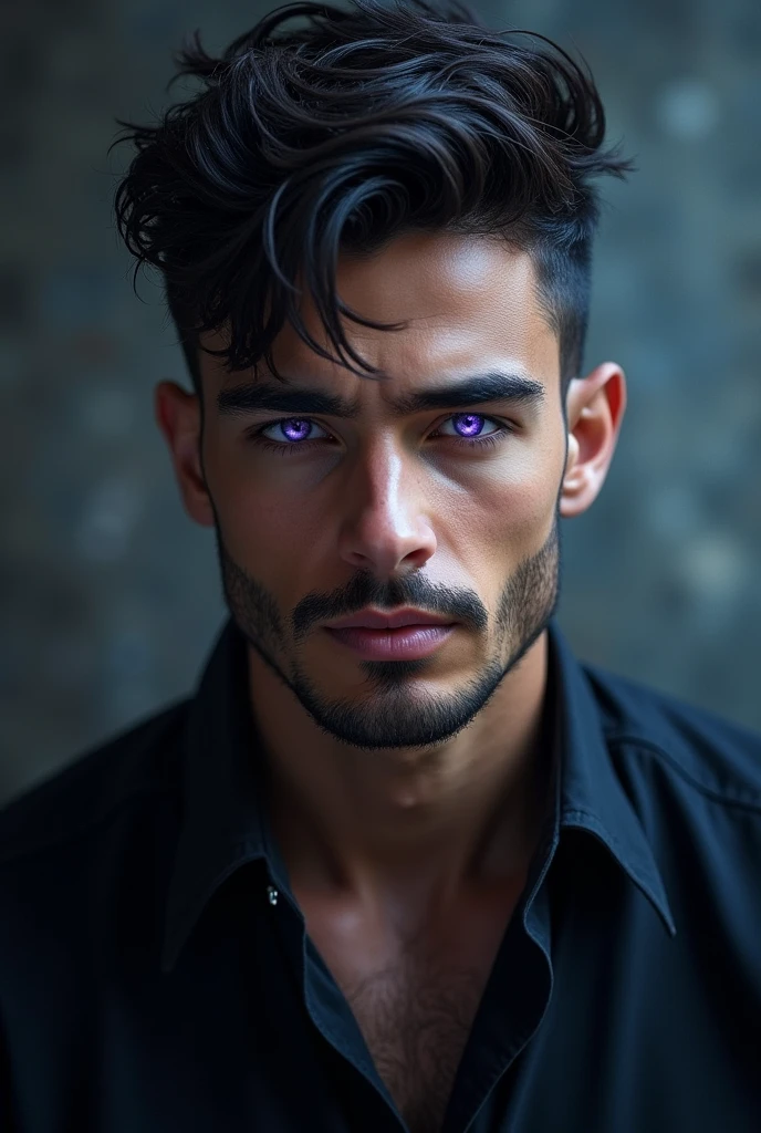 Young man short curly dark hair, beard collar and purple eyes