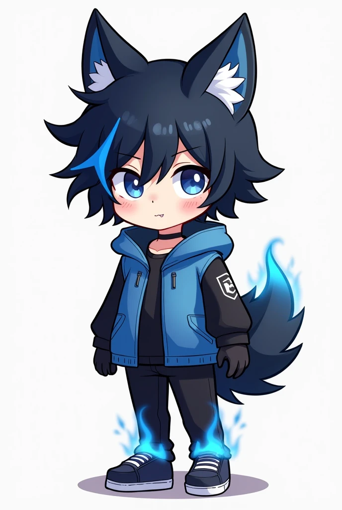 Chibi, wolf boy, with navy blue fur on the inner ear, with a blue jacket with black sleves, and balck jeans, with a blue flame on the hem of the jeans,and has black hair ,with blue highlights strips,