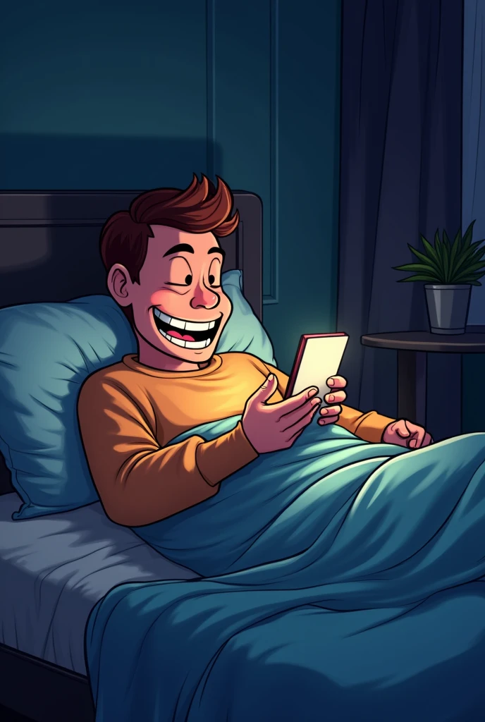 Create funny cartoon style wojak meme, a man is lying on a bed, blanketed, smile, see iphone, night time