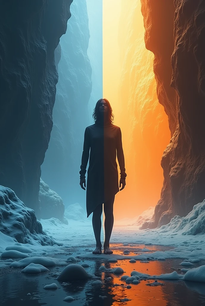 Create a powerful image that represents the duality between being cold and no longer being naive. On one side, use cold elements like ice, dark colors, and a rigid environment, symbolizing hardness and detachment. On the other side, show warmth, with vibrant and soft colors, symbolizing openness and kindness. In the center, place a human figure in a balanced position, demonstrating confidence and determination, with a serene face reflecting wisdom. Add the text 'Stop Being Cold and Don’t Be Naive: Change Your Life Today!' in modern and impactful fonts to highlight the motivational message.