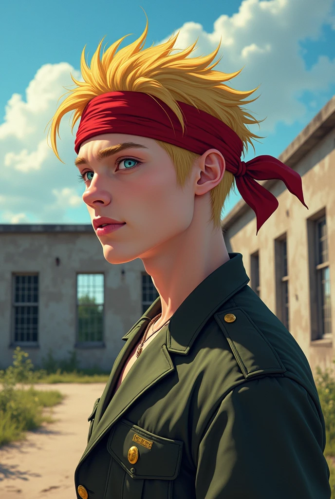 masterpiece, best quality, best quality, (Intricate detailed:1.2), beautiful eyes, 1boy, solo, outdoors, blue sky, cloudy, bokeh, lens flare, anamorphic lens flare, depth of field, seductive face, seductive smile, heanna_sumire, yellow hair, red headband, en un cuartel militar abandonado con ventanas rotas y malas hierbas por el patio.