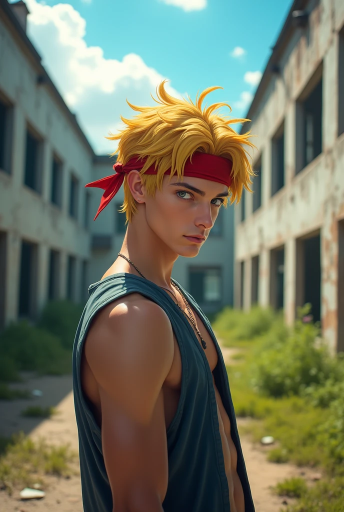 masterpiece, best quality, best quality, (Intricate detailed:1.2), beautiful eyes, 1boy, solo, outdoors, blue sky, cloudy, bokeh, lens flare, anamorphic lens flare, depth of field, seductive face, seductive smile, heanna_sumire, yellow hair, red headband, en un cuartel militar abandonado con ventanas rotas y malas hierbas por el patio.