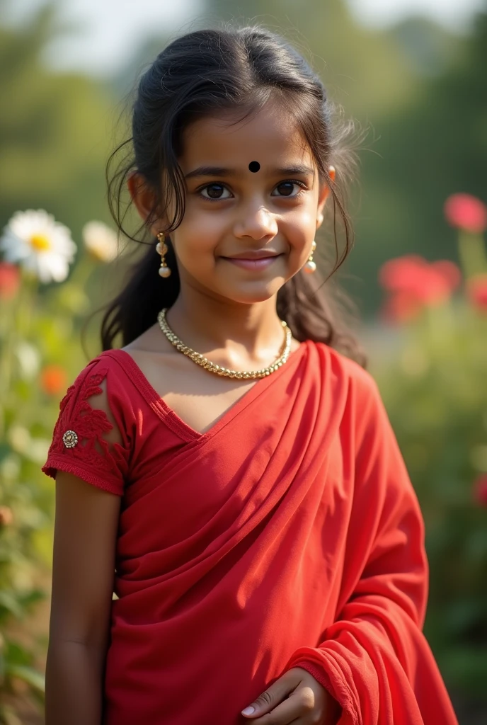 A  poor Indian  girl, in a red designer transparent saree, beauty full face,light skin color,shy smile,looking at viewer,jhumka in ears,poney tail hair style,day light,glowing skin,black bindi in her forhead,flower garden background,full body,8k,ultra detailed