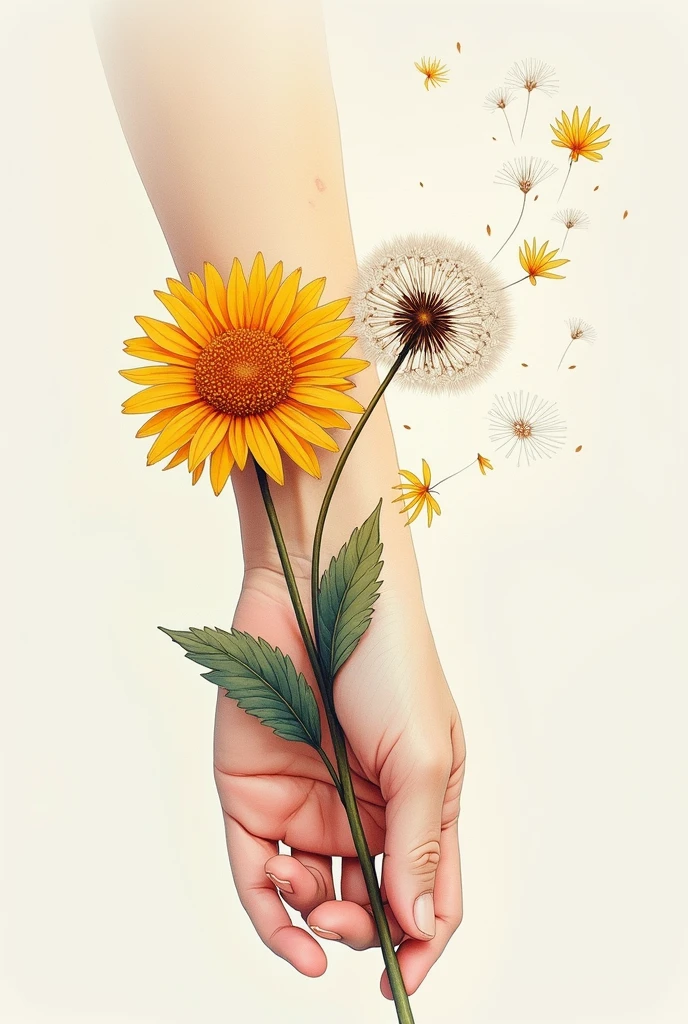A dandelion flower tattoo, with fine and realistic details, starting on the wrist. Some petals of the flower are delicately detached, floating away as if carried by the wind towards the hand. The entire composition is rendered in a watercolor style, with bright and shaded colors. The colors should be bright. The design should symbolize the deep bond between father and daughter.