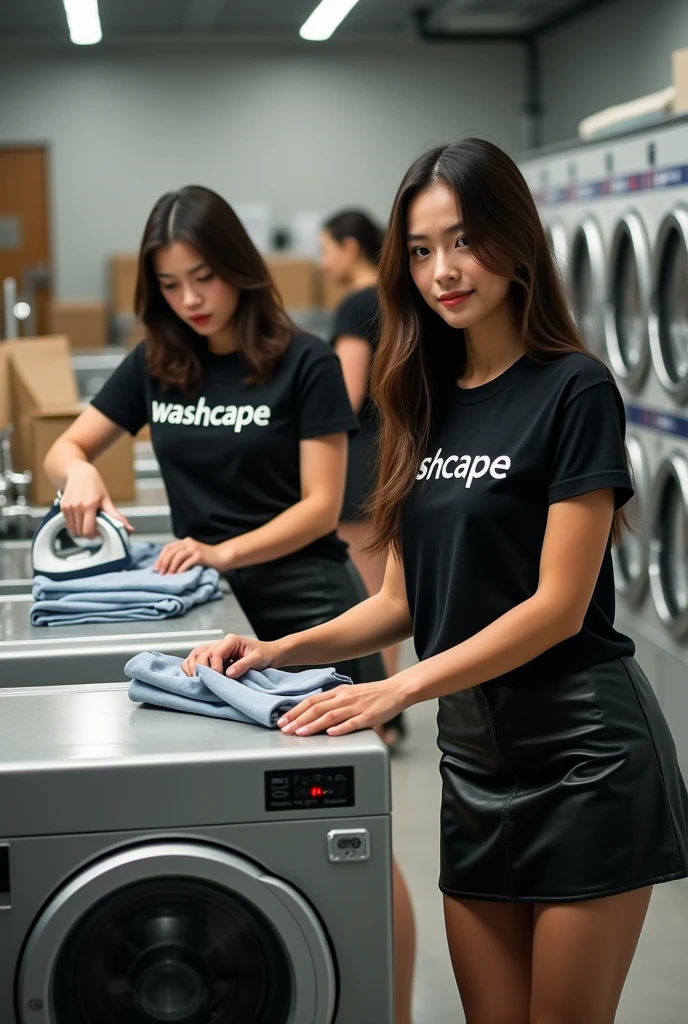 create a image of girl working in professional laundry and some washing machine kept in laundry and some other girl ironing clothes. Girl is beautiful, they are wearing black tshirt with "washcape" written on it. they are wearing leather skirt. some girls are packing clothes in paper bags in background