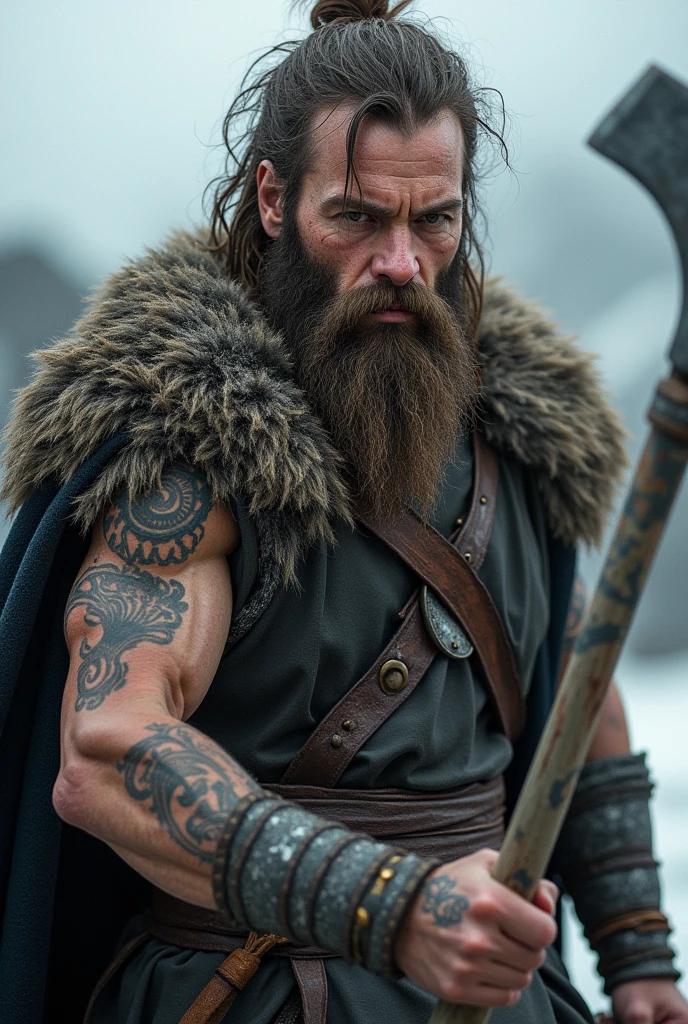 (photorealism:1.2), man with short brown beard, aged 33, dull brown eyes sunken in, messy dirty medium hair, viking inspired, wielding great axe, tattoos across forearms, pale white tight skin, thin build, no armor