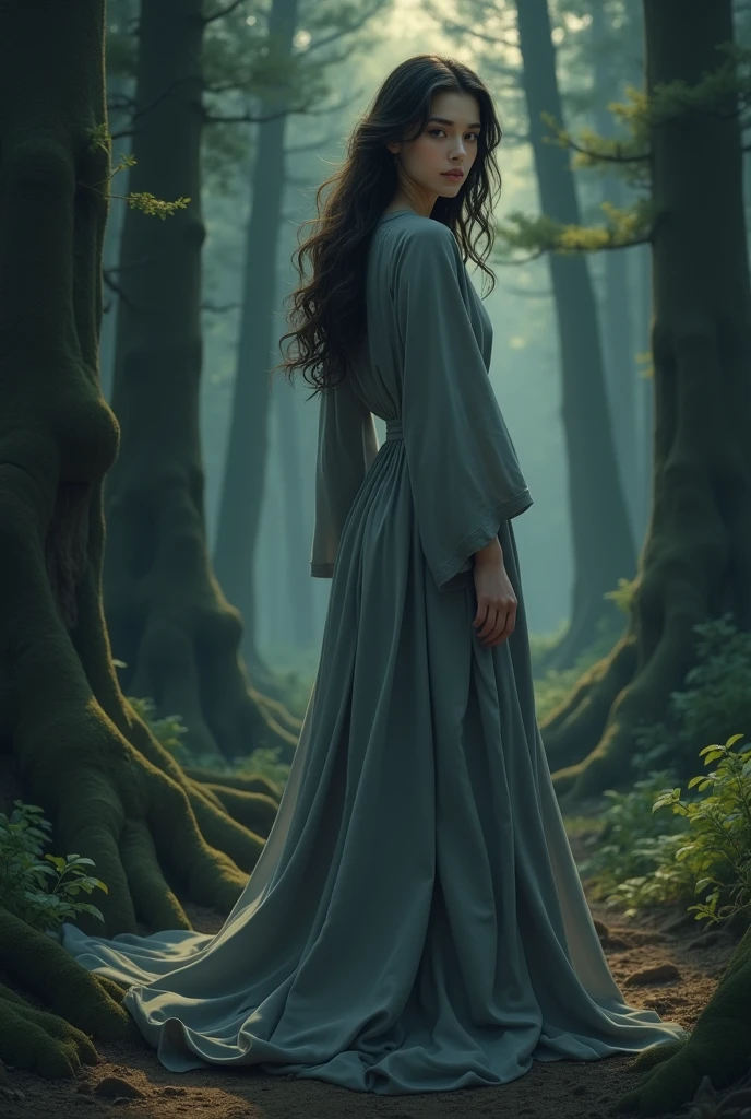 beautiful girl in gray robe standing in the dark forest, epic style, octane render, desert composition, beautiful face, hyperrealistic, oil on canvas, award-winning, masterpiece, trending on artstation, by Studio Ghibli