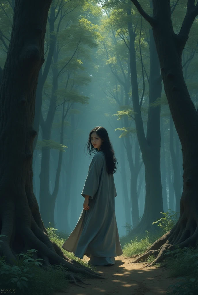 beautiful girl in gray robe standing in the dark forest, epic style, octane render, desert composition, beautiful face, hyperrealistic, oil on canvas, award-winning, masterpiece, trending on artstation, by Studio Ghibli