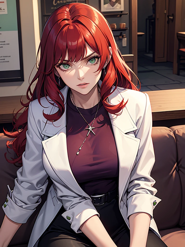 green eyes, red hair with long bangs, noble. wavy long hair. strong woman. she quiet. wear purple t shirt. dominant woman. mafia. mature woman. girl boss. badass woman. gangster. hair so long have bangs. gangster. wear winter white jacket. red hair. sit in cafe