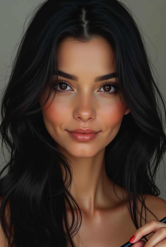 Generate a highly detailed, ultra-realistic portrait of a woman of Asian descent from Turkey. She has long, flowing black hair that frames her face beautifully, with some strands gently cascading down her neck and shoulders. Her deep black eyes have thick, expressive eyelashes, and her skin tone is a warm medium shade. Her full, natural lips form a gentle, relaxed smile. The image should capture the following: The woman is holding a pencil in front of her, clearly visible and centered in the frame.