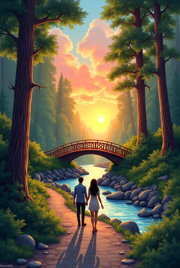 Make a landscape in a forest, There must be trees and a path, a bridge and there must be stones and water, and a sunset with beautiful colors, There must be a couple, It's a drawing