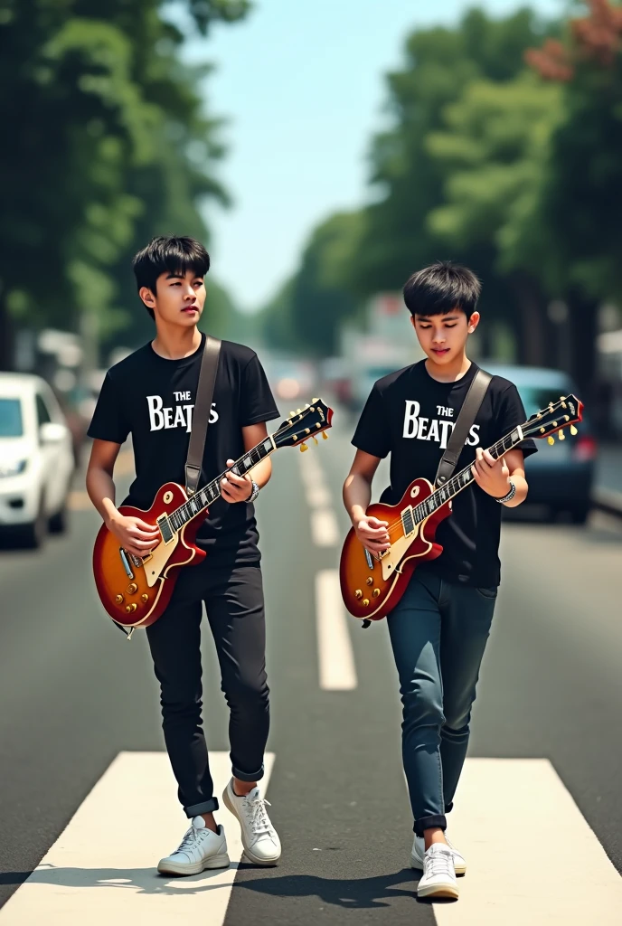 a 2 Indonesian youth playing electric guitar. This is a 1959 Gibson Les Paul. The guy got a fade treatment at the hairdresser so his hair is done very well. . He dressed classy but not too much.. A black Beatles band t-shirt with fitted trousers. white sneakers. at the abbey road zebra crossing.