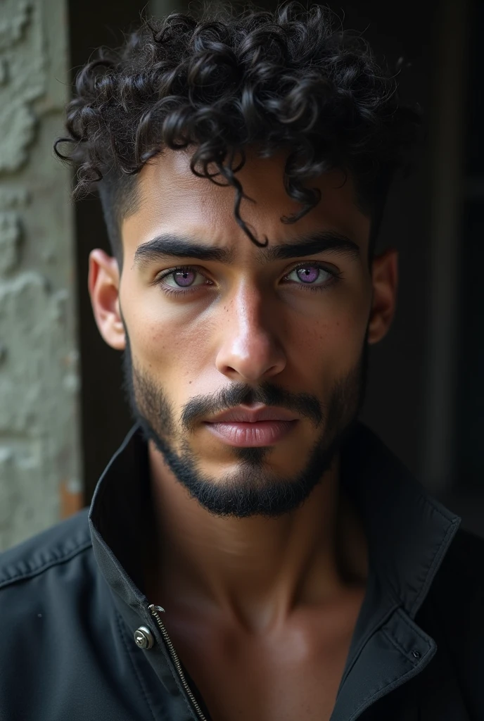 Young man short curly dark hair, beard collar and lavender eyes