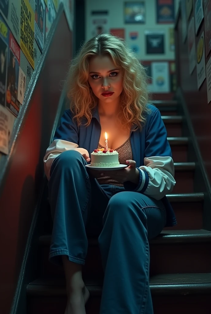 Photograph style image of a woman looking at a cake on her lap she has curly blonde hair blue eyes wearing a blue and white jacket with long jeans red lipstick on her lips dark makeup around her eyes like eyeliner and eyeliner she is sitting on a staircase leaning against the wall to the left of the image where it appears to be an entrance to a bar full of posters on the walls, she is sitting holding on her lap a small birthday cake with only 1 candle she is looking at the cake she looks sad and lonely, the image is realistic style photography art photography.