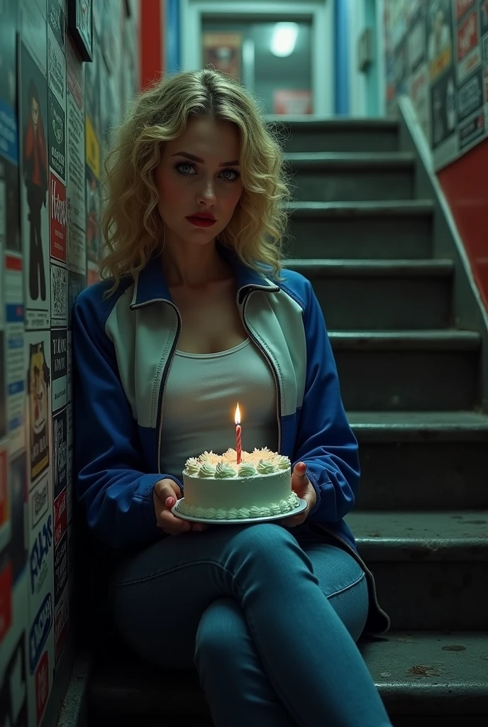 Photograph style image of a woman looking at a cake on her lap she has curly blonde hair blue eyes wearing a blue and white jacket with long jeans red lipstick on her lips dark makeup around her eyes like eyeliner and eyeliner she is sitting on a staircase leaning against the wall to the left of the image where it appears to be an entrance to a bar full of posters on the walls, she is sitting holding on her lap a small birthday cake with only 1 candle she is looking at the cake she looks sad and lonely, the image is realistic style photography art photography.