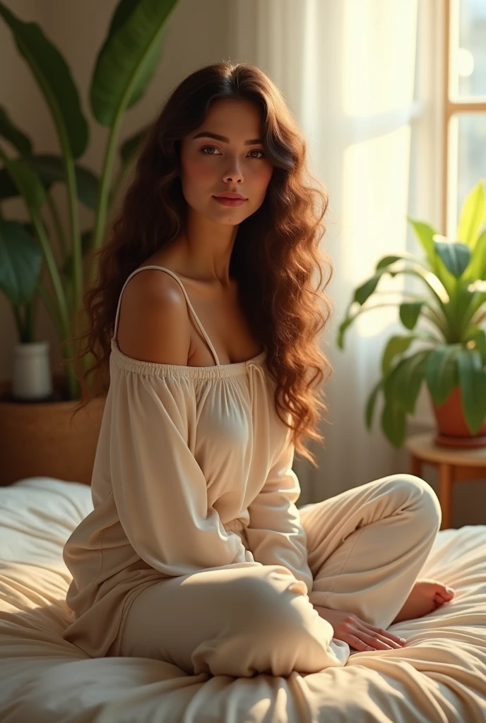 (photorealism:1.2), beautiful woman, sitting on bed, wearing loose off-shoulder top, pajama pants, long curly hair, indoors, soft lighting, plants in background, window with sunlight, cozy room, relaxed pose, realistic, intricate details, warm colors, by Greg Rutkowski, by Alphonse Mucha