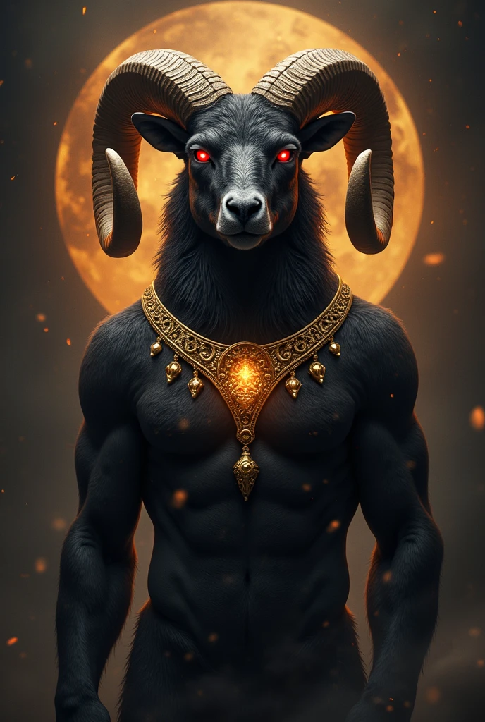 Aries with a gold necklace, with dark fur and bright red eyes