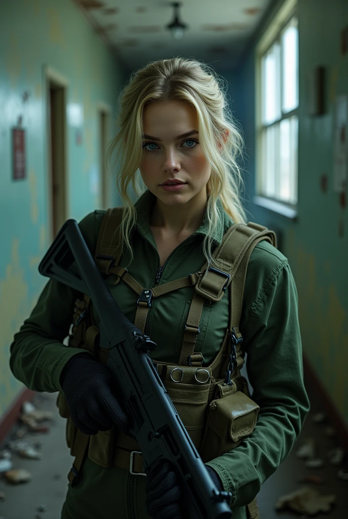 (best quality, photorealistic, ultra detailed) A girl in a corridor of an abandoned hospital, she wears military pants with black equipment, and on top a black military tank top with equipment, she holds in her hands a black shotgun, blonde hair, blue eyes, beauty, front view, closeup portrait