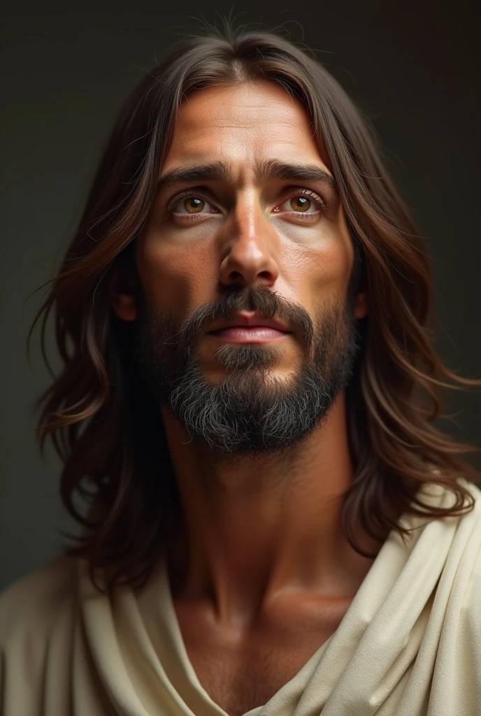 Photograph of Jesus Christ, ((Best Quality, 8k, first work: 1.2)), ultra-realistic graphics, color photography, sharp focus, whole body, Pious look, Highly detailed facial and skin texture., detailed eyes, direct eye contact, Super resolution, megapixel, ProFoto RGB, HD