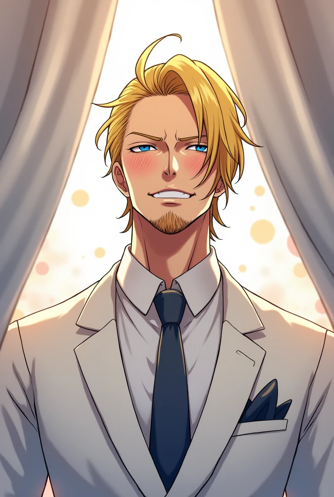 Create a One Piece character in Sanji fanart, a man with blue eyes, "blonde hair on the right side", his face with a beard and a little mustache, with swirly eyebrows, Elegant white wedding suit and blushing with a curtain on her head, with eyes closed, entering the altar. Animation by Toei Animation. 