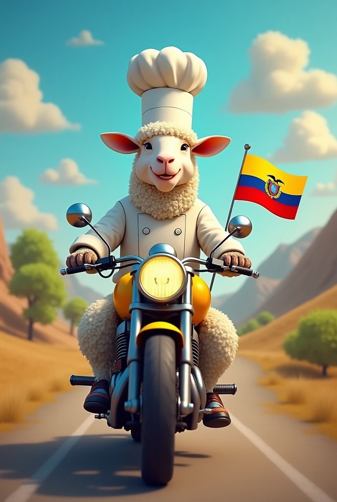 A sheep chef riding a motorcycle with the colors of the Ecuadorian flag