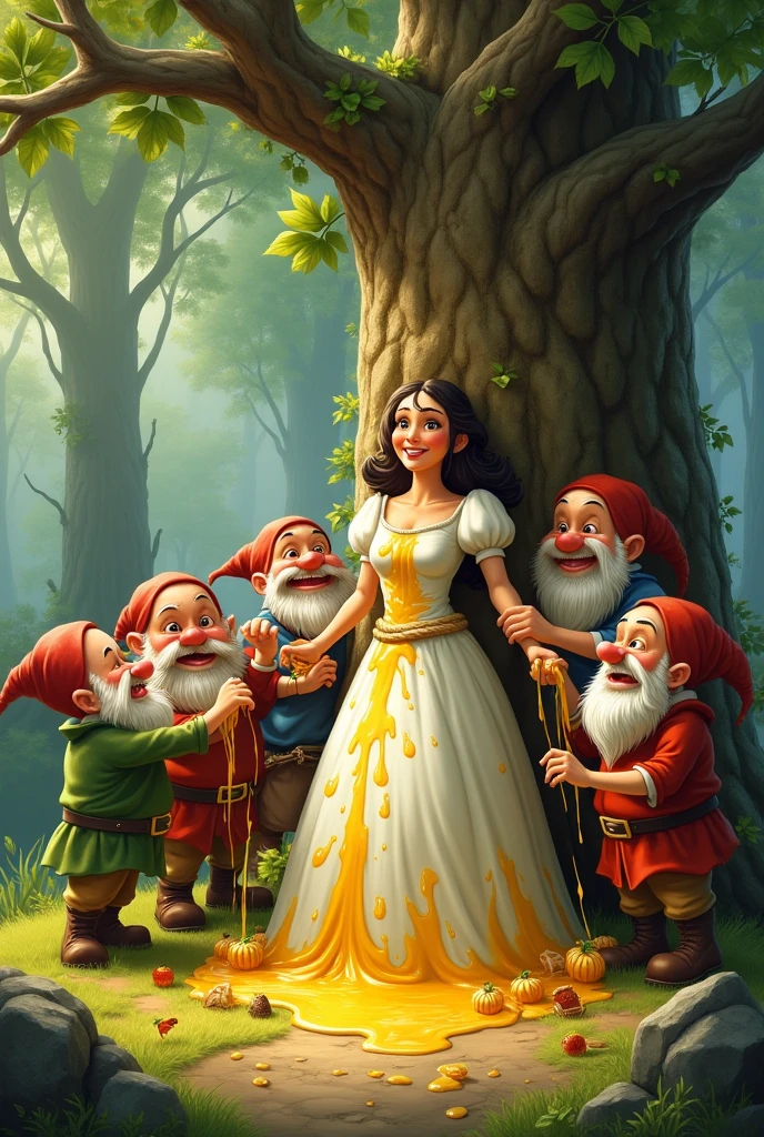 7 Dwarfs ties snow white with tree and throw loot of honey on snow white