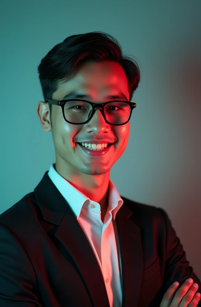 The young man with dark hair and confident smile He is dress a black blazer Over the white shirt an glass on eyes A main is positioned aqua color backdrop with a subtle red lighting of the rate site and posing for linkedin profile