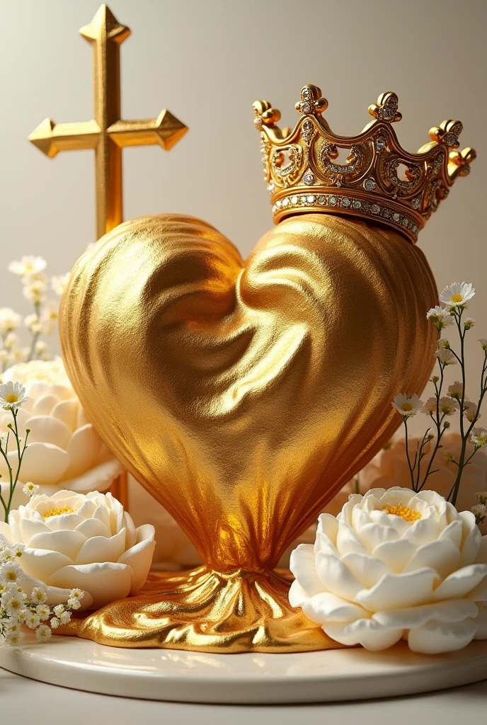 A 3D melted gold twisted heart with a glamorous big crown in the corner of the heart., with white peony flowers and gypsophila in the background somewhat far away and a cross protruding on the side well designed with details 