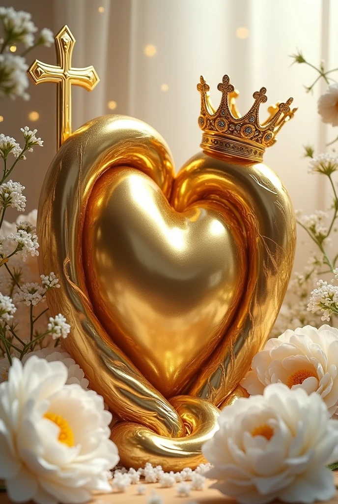 A 3D melted gold twisted heart with a glamorous big crown in the corner of the heart., with white peony flowers and gypsophila in the background somewhat far away and a cross protruding on the side well designed with details